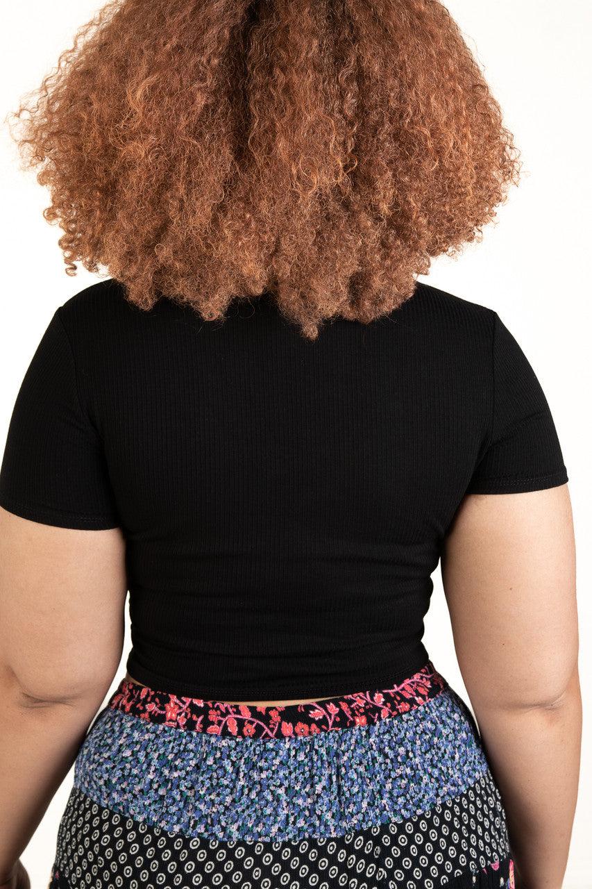 Extended Sizes Black Ribbed V Neck Crop Tee Product Image