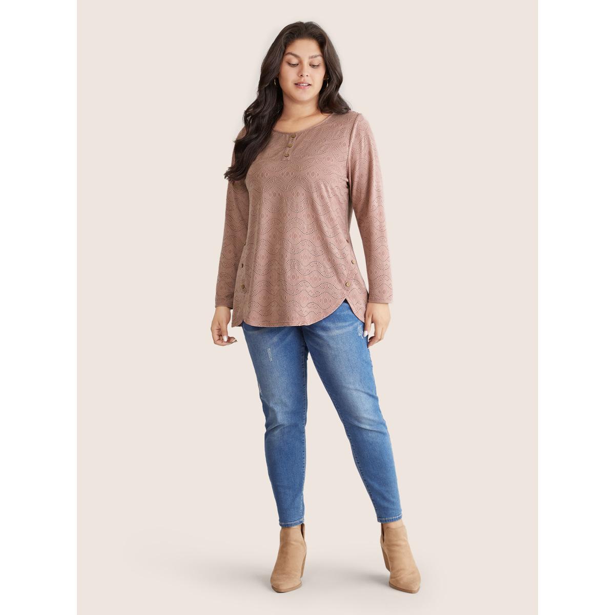 Plus Size Broderie Anglaise Button Detail Arc Hem T-shirt DustyPink Women Casual Texture Plain Round Neck Dailywear T-shirts BloomChic 14-16/1X Product Image