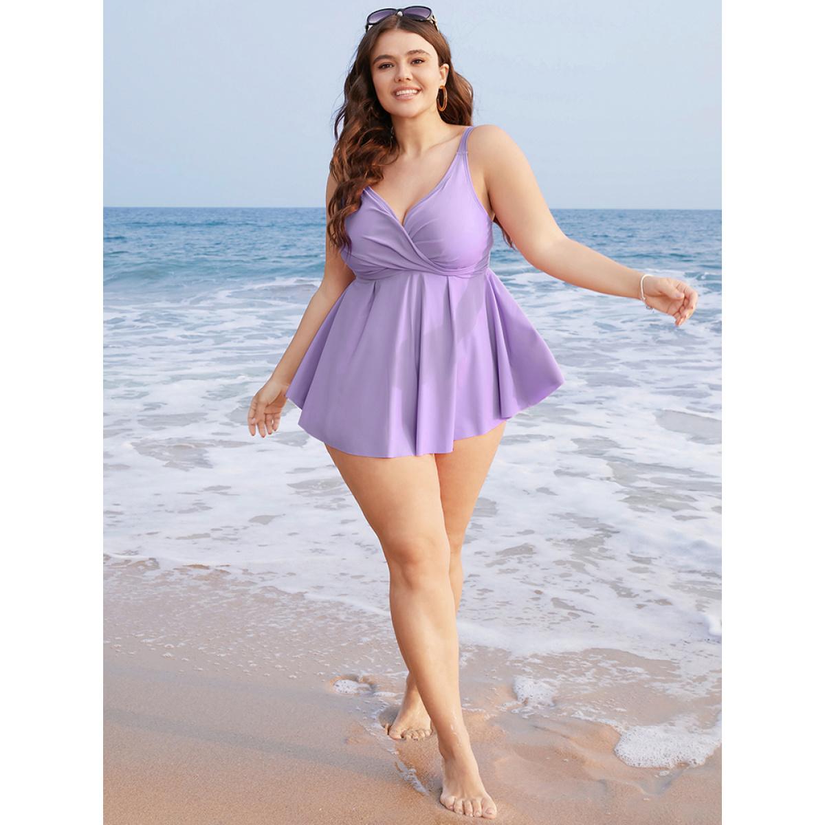 Plus Size Crossover Front A Line Adjustable Straps Tankini Top Women's Swimwear Lilac Vacation Adjustable Straps High stretch Bodycon Overlap Collar Curve Swim Tops BloomChic 14-16/1X Product Image