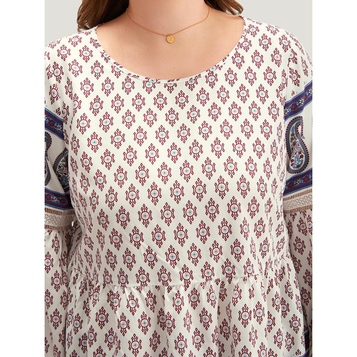 Plus Size Beige Boho Print Patchwork Lace Crew Neck Flutter Sleeve Blouse Women Vacation Long Sleeve Round Neck Vacation Blouses BloomChic 12/L Product Image