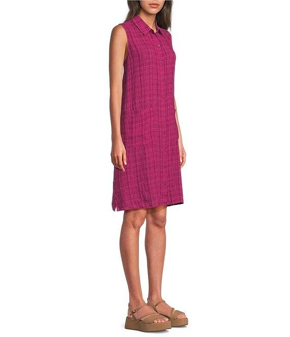 Eileen Fisher Puckered Organic Linen Point Collar Sleeveless Shirt Dress Product Image