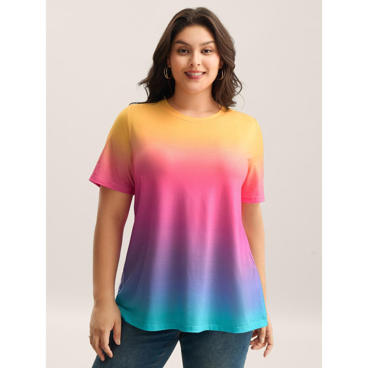 Plus Size Ombre Gradient Crew Neck Curvy T-Shirt Multicolor Women Playful Non Round Neck Casual T-shirts BloomChic 18-20/2X Product Image