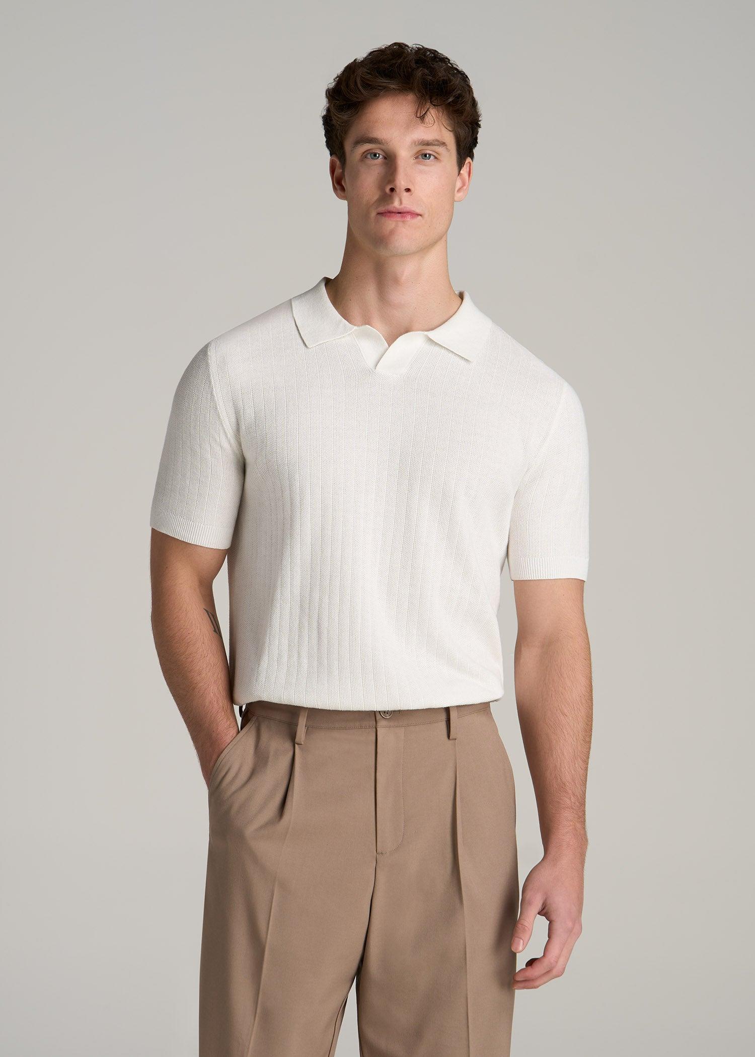 Linen Blend Ribbed Knit Polo Shirt for Tall Men in Stone Male Product Image