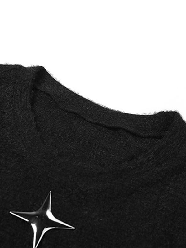 Metal Star Decor Belted Hem Cropped Long Sleeve Knit Product Image