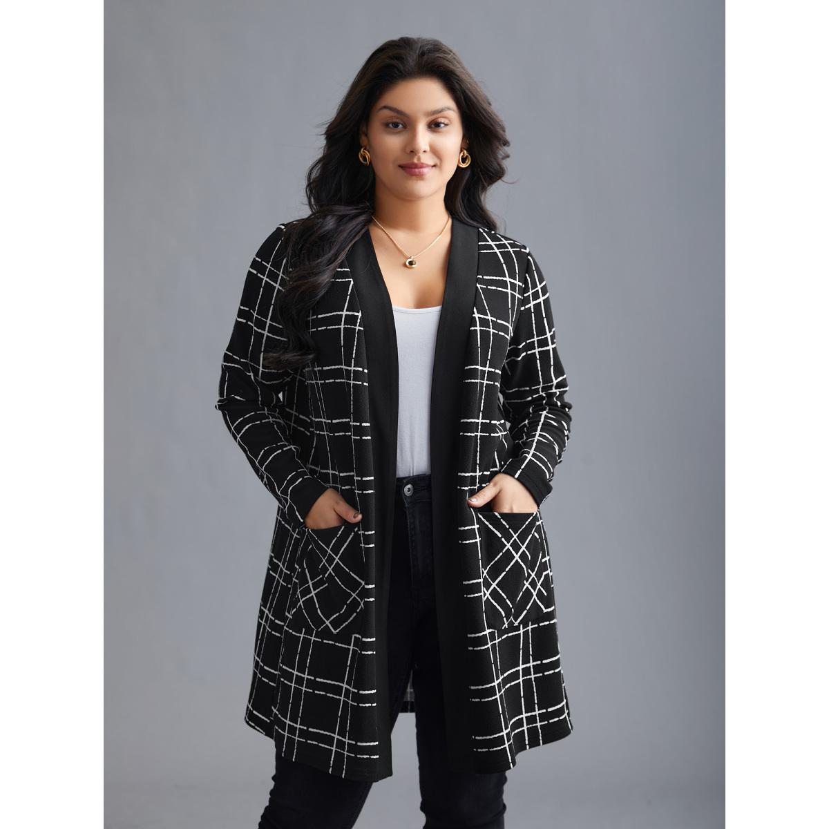 Plus Size Plaid Open Front Patchwork Jacket Women Black Contrast Loose Patch pocket Everyday Jackets BloomChic 22-24/3X Product Image