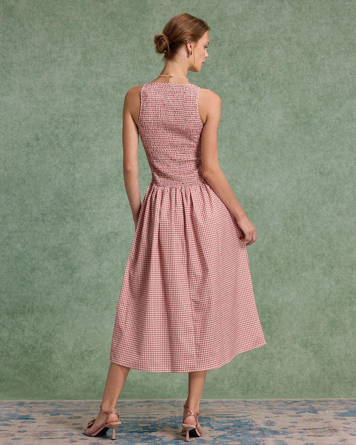 Red Plaid Shirred Sleeveless Midi Dress Product Image