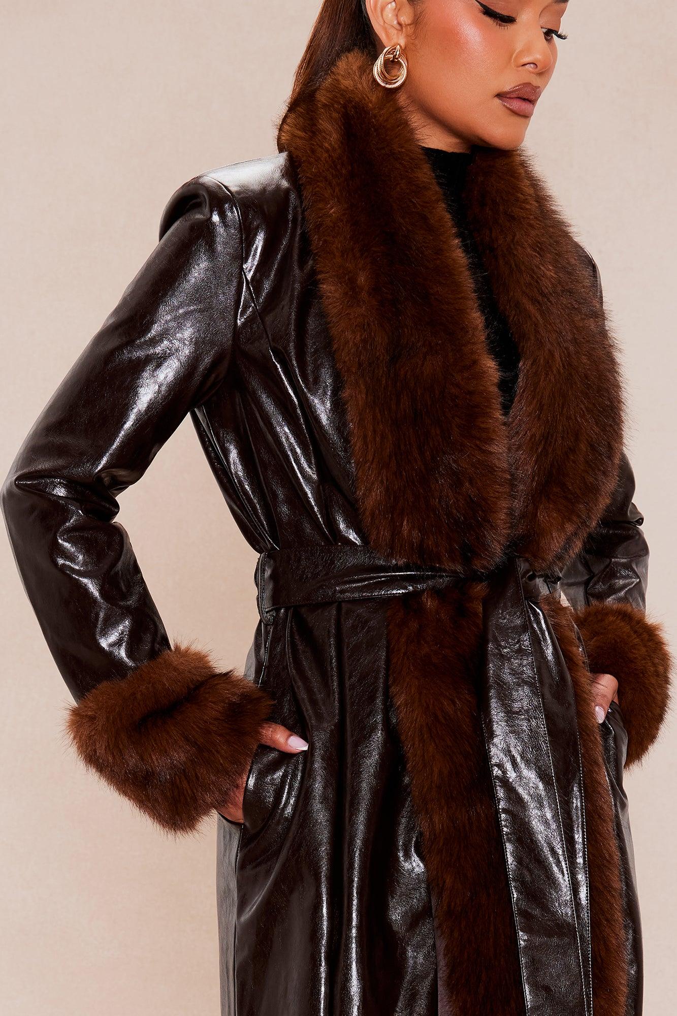 Iris Fur Faux Leather Coat - Chocolate Female Product Image