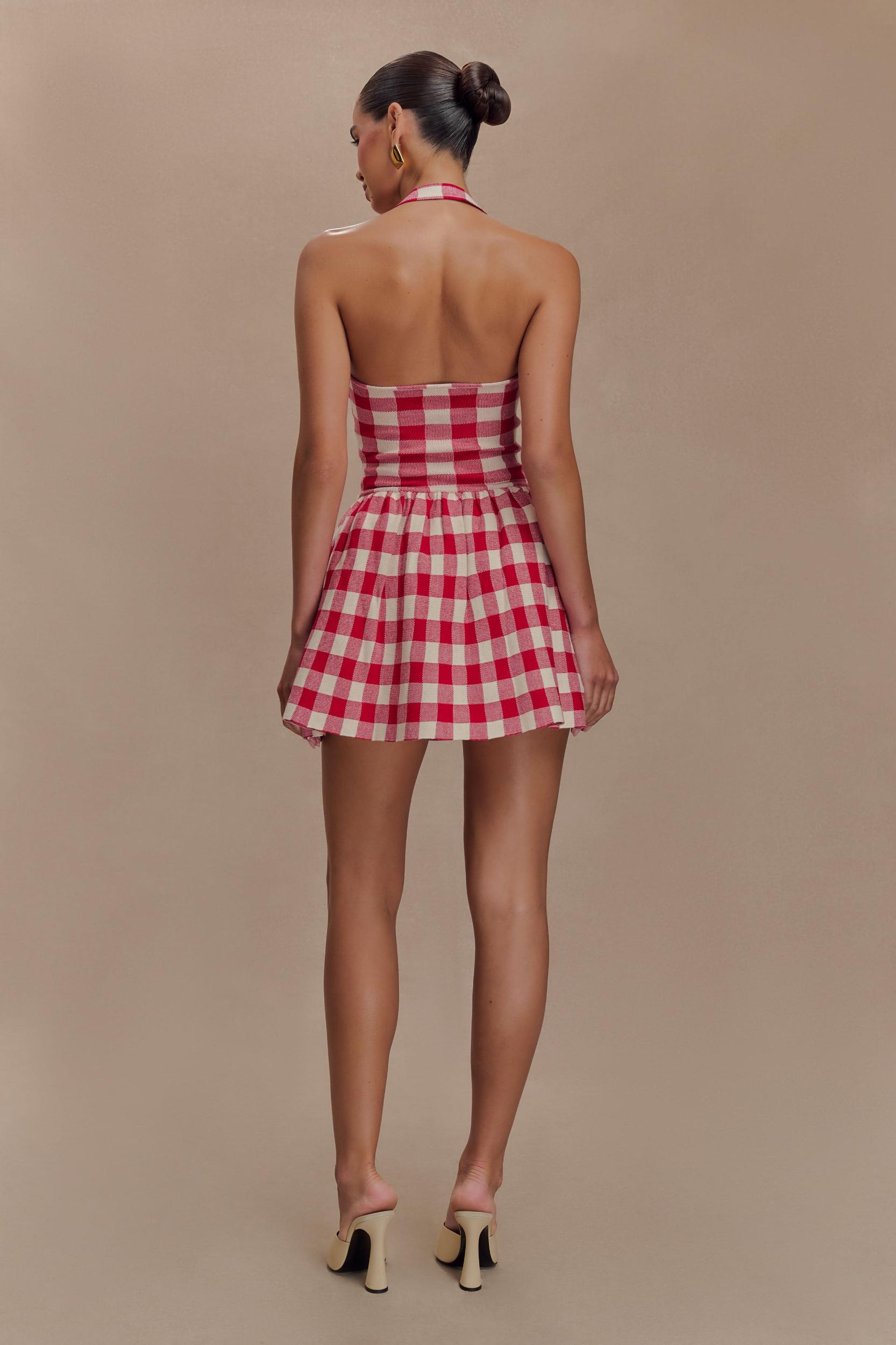 Lindsay Halter Knit Mini Dress - Red Gingham Product Image