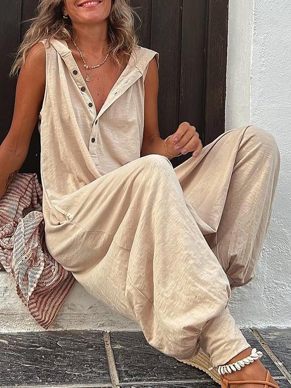 Hooded Loose Buttoned Solid Color V-neck Jumpsuits Product Image