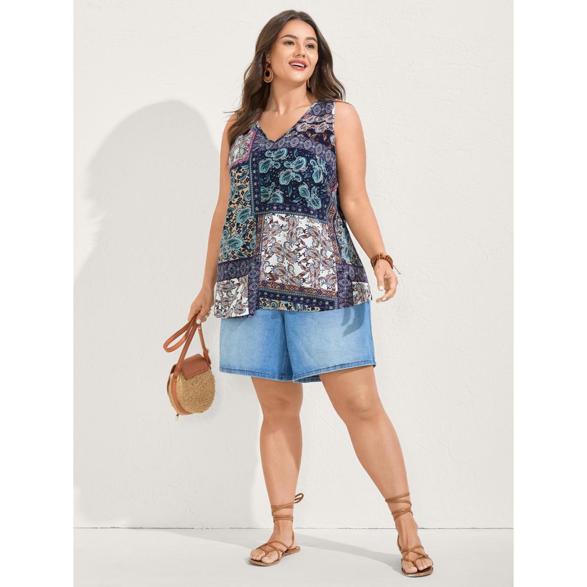 Plus Size Rayon Floral Contrast Collage Tank Top Women Multicolor Boho V-neck Vacation Tank Tops Camis BloomChic 28/5X Product Image