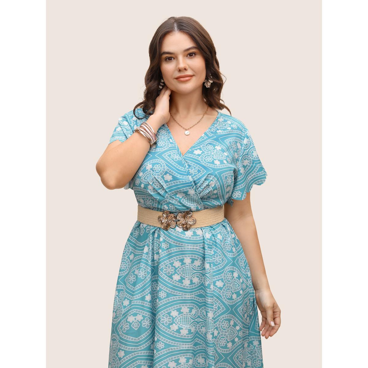 Plus Size Boho Print Scalloped Trim Split Front Dress Teal Women Resort Ruffles V-neck Cap Sleeve Curvy BloomChic 14-16/1X Product Image