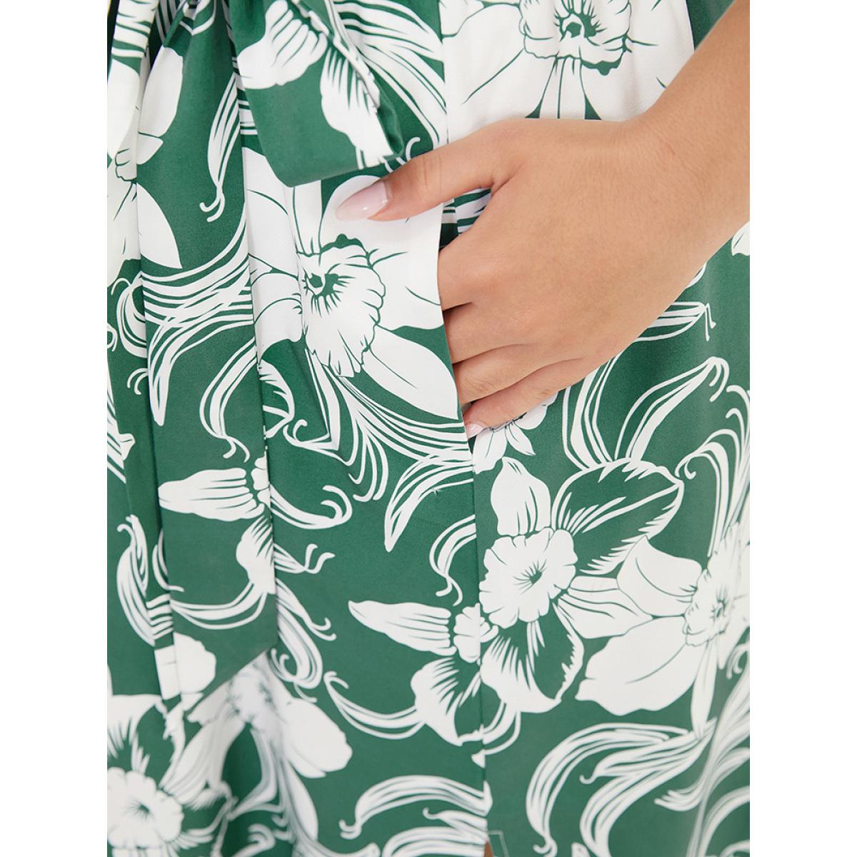 Plus Size Floral Split Flutter Hem Wrap Pocket Belted Cami Dress Green Women Elegant Adjustable Straps V-neck Sleeveless Curvy Midi Dress BloomChic 10/M Product Image