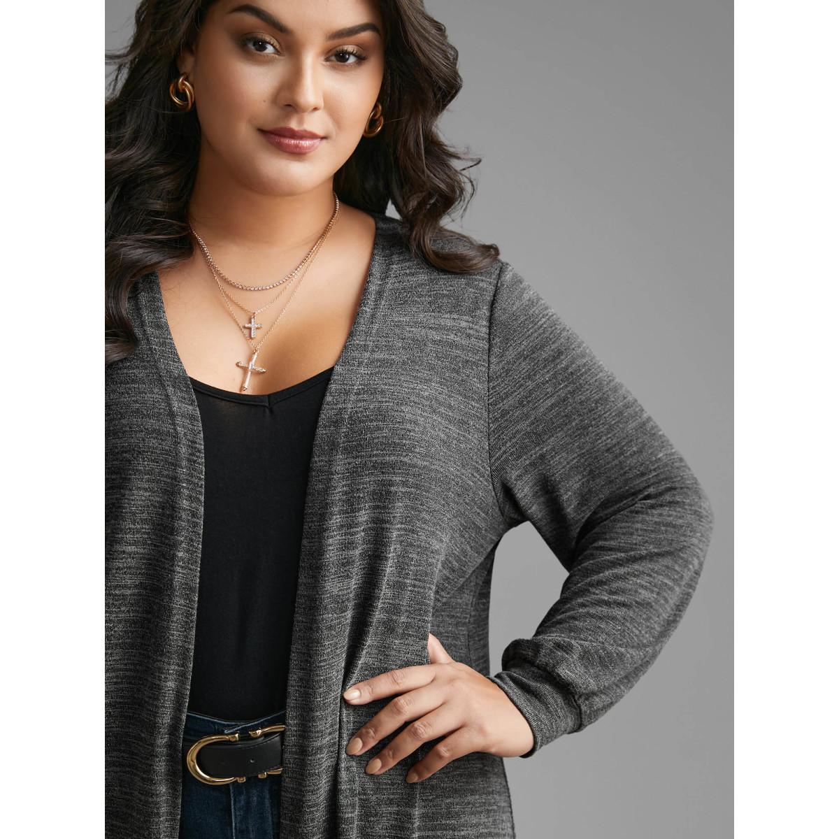 Plus Size Solid Heather Medium Stretch Knit Jacket Women DimGray Non Loose Everyday Jackets BloomChic 14-16/1X Product Image