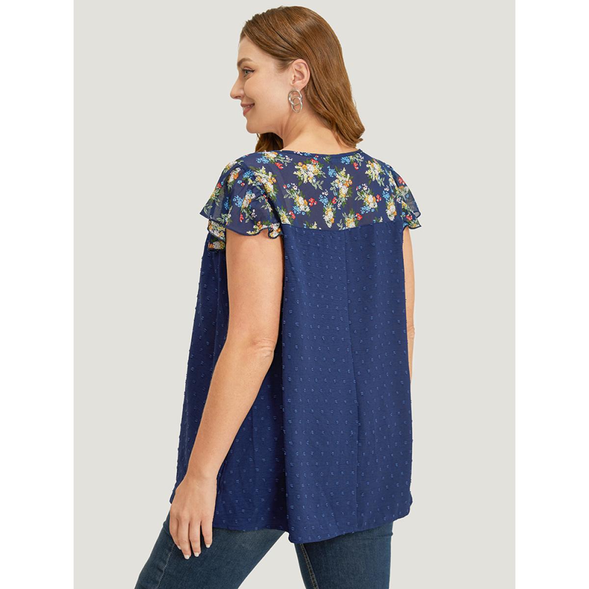 Plus Size Indigo Ditsy Floral Patchwork Ruffle Cap Sleeve Blouse Women Elegant Cap Sleeve Round Neck Dailywear Blouses BloomChic 28/5X Product Image