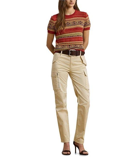 Lauren Ralph Lauren Petite Size Geometric Stripe Ribbed Crew Neck Short Sleeve Pullover Sweater Product Image