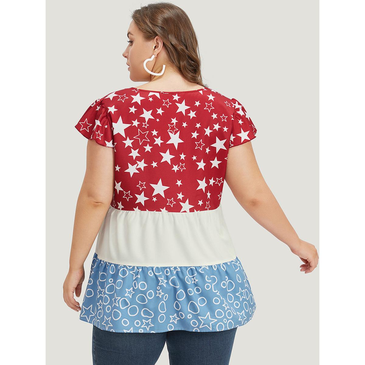 Plus Size Multicolor Star & Geo Graphic Knot Neck Patchwork Blouse Women Elegant Cap Sleeve Tie Neck Dailywear Blouses BloomChic 28/5X Product Image