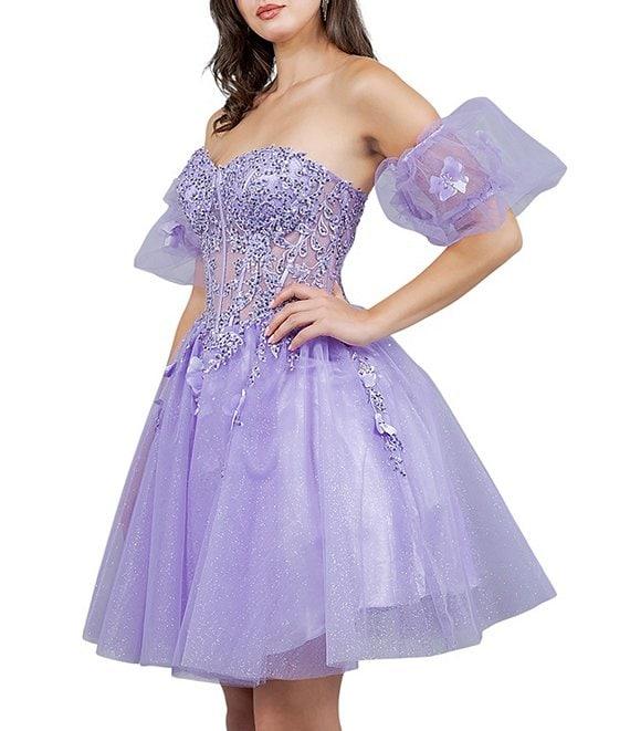 Cinderella Couture Tulle Off-The-Shoulder Bubble Sleeve Corset 3D Floral Applique Dress Product Image