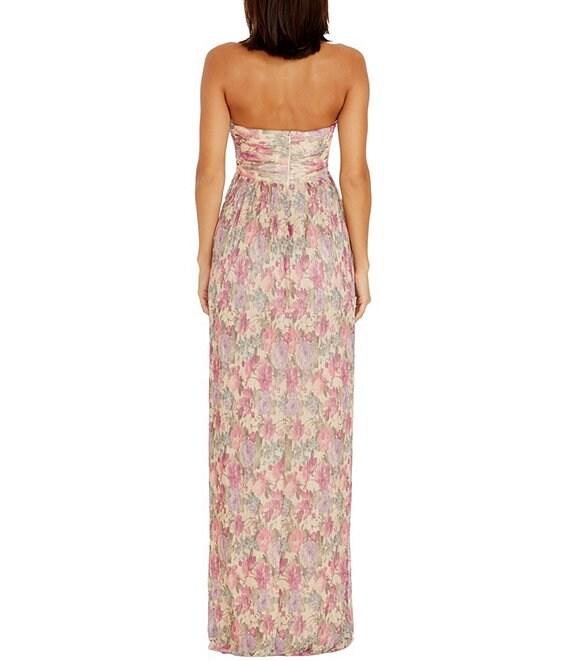 Dress the Population Angelique Sweetheart Strapless Cutout Floral Printed Metallic Chiffon Front Slit Sheath Gown Product Image