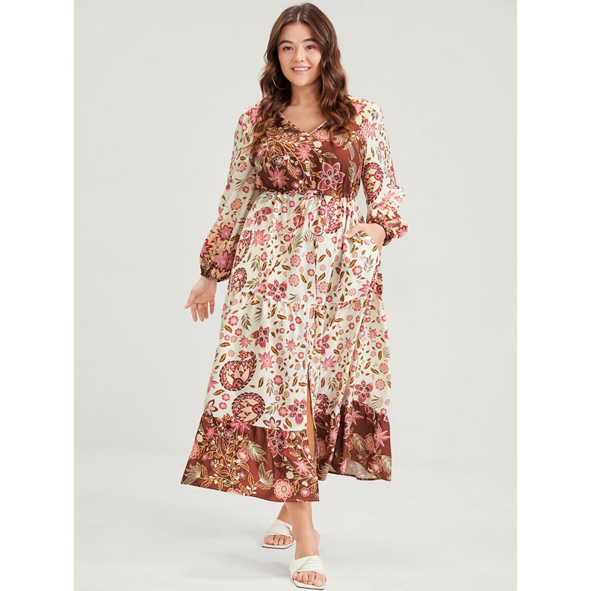 Plus Size Floral Lantern Sleeve Pocket Split Tie Flutter Midi Dress WhiteSmoke Women Vacation Gathered V-neck Long Sleeve Curvy Midi Dress BloomChic 14-16/1X Product Image