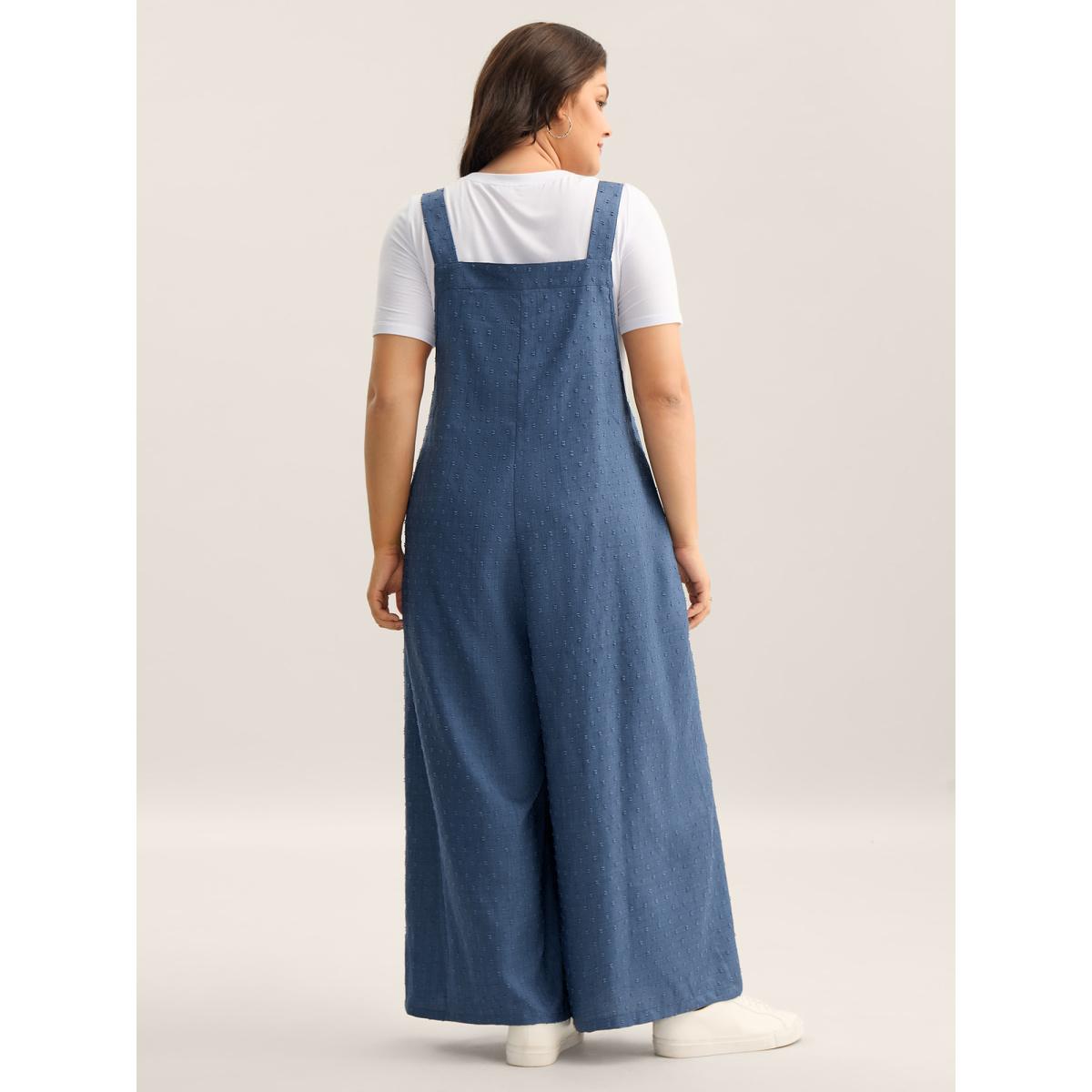 Plus Size Mediumblue Textured Plicated Detail Overall Straps Jumpsuit Women Leisure Sleeveless Square Neck Casual Loose Jumpsuits BloomChic 26/4X Product Image