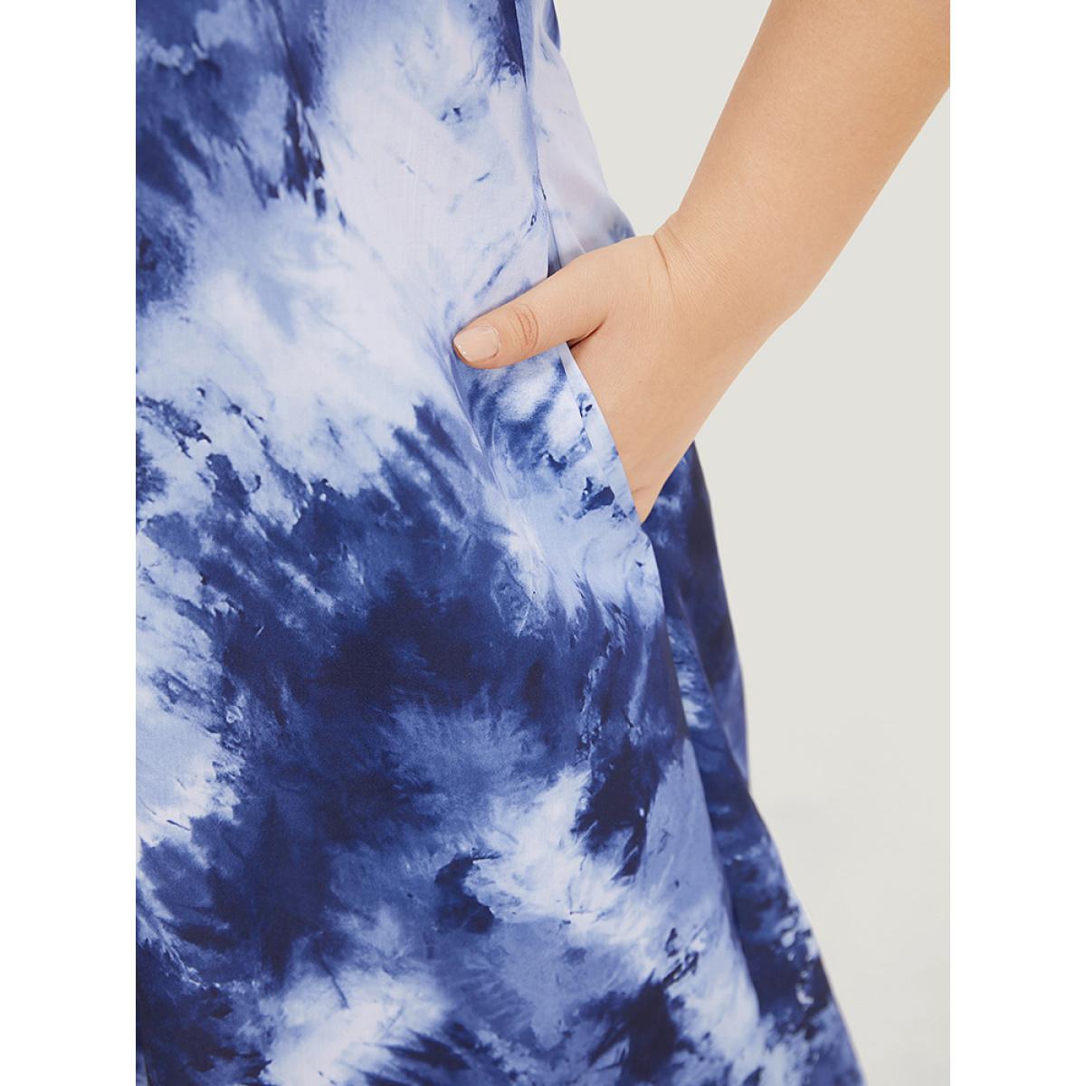 Plus Size Tie Dye Crew Neck Pocket Sleeveless Tank Dress DarkBlue Women Vacation Slit Round Neck Sleeveless Curvy Midi Dress BloomChic 14-16/1X Product Image