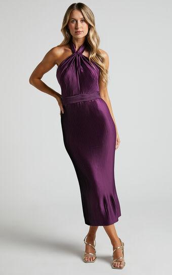 Marlette Midi Dress - Pleated Open Back Halter Dress in Aubergine Product Image