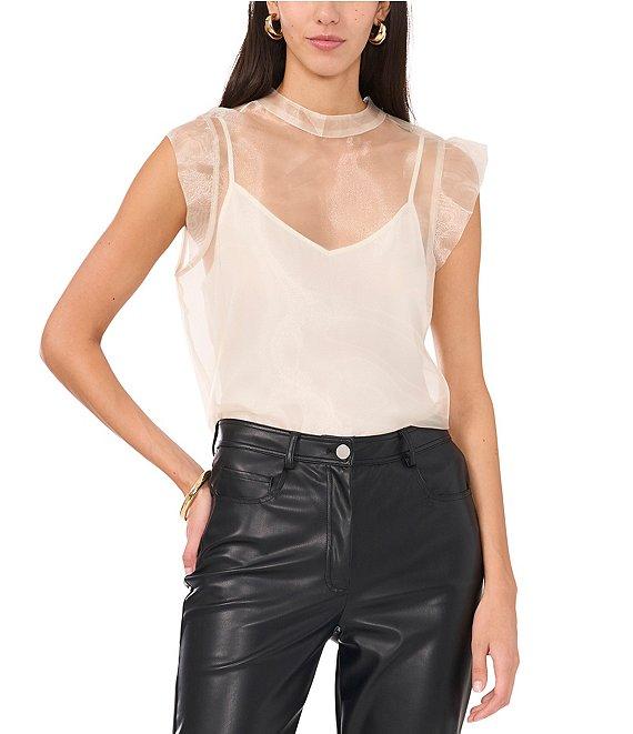 Vince Camuto Woven V-Neck Short Ruffle Sleeve Blouse Product Image