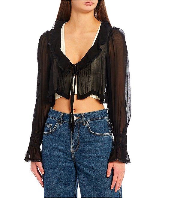 BDG Urban Outfitters Ophelia Long Sleeve Woven Tie Front Cropped Fly Away Top Product Image