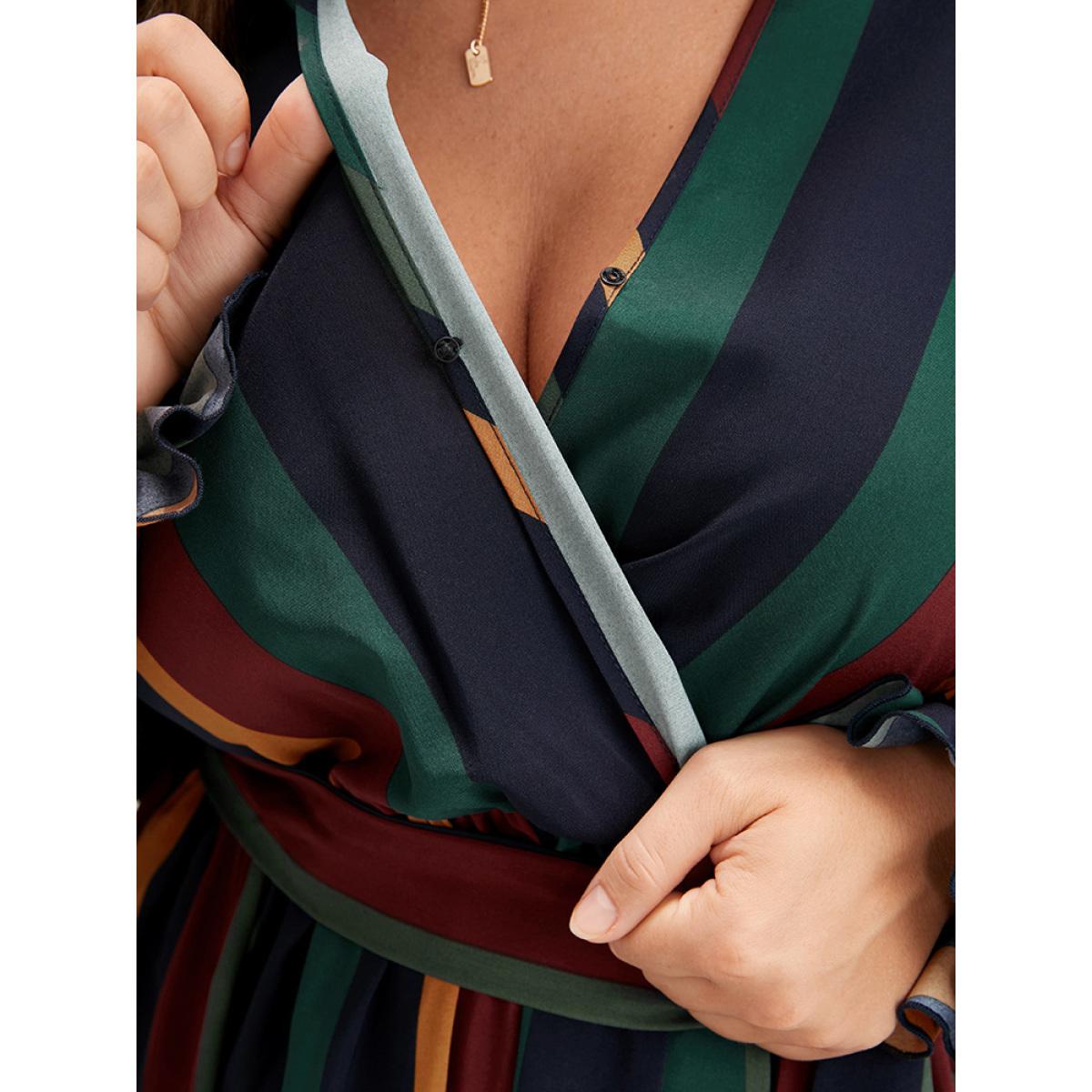 Plus Size Striped Pocket Dolman Sleeve Wrap Button Flutter Belted Split Dress Multicolor Women Vacation Cross straps V-neck Long Sleeve Curvy Long Dress BloomChic 26/4X Product Image