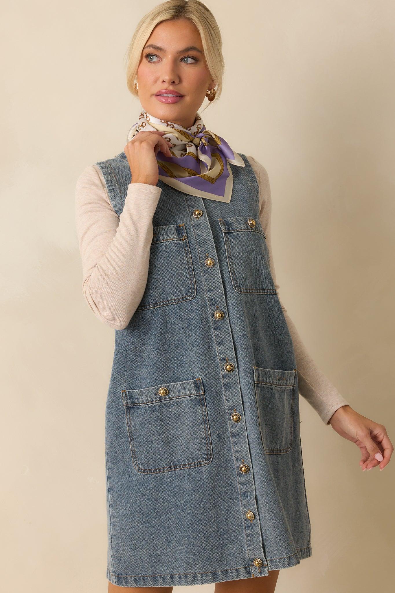 Urban Legend Medium Wash Button Front Denim Mini Dress Product Image