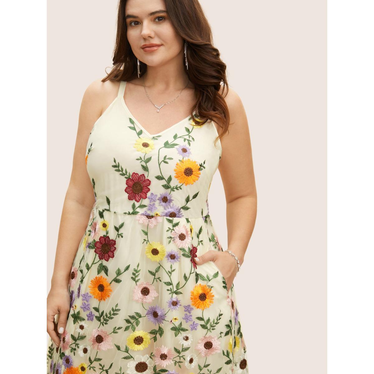 Plus Size V Neck Floral Embroidered Mesh Cami Dress Ivory Women Formal Embroidered V-neck Sleeveless Curvy BloomChic 22-24/3X Product Image