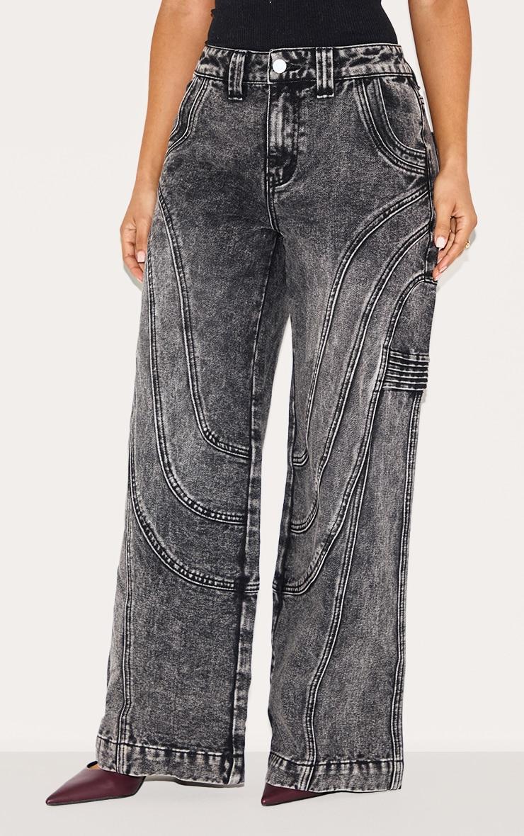 Petite Grey Panel Seam Detail Wide Leg Jeans Product Image