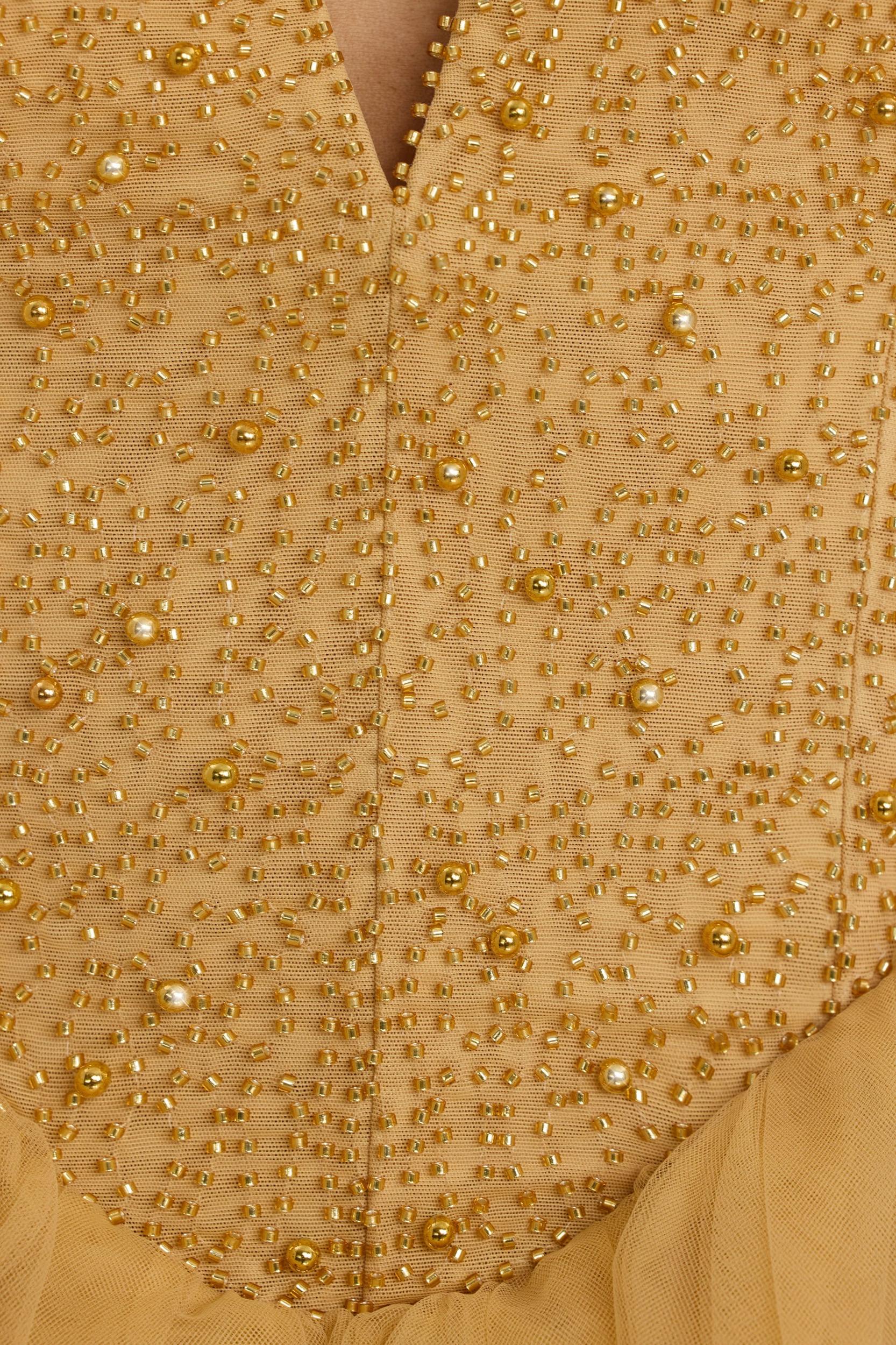 Plunge Neck Tulle Mini Dress in Gold Product Image