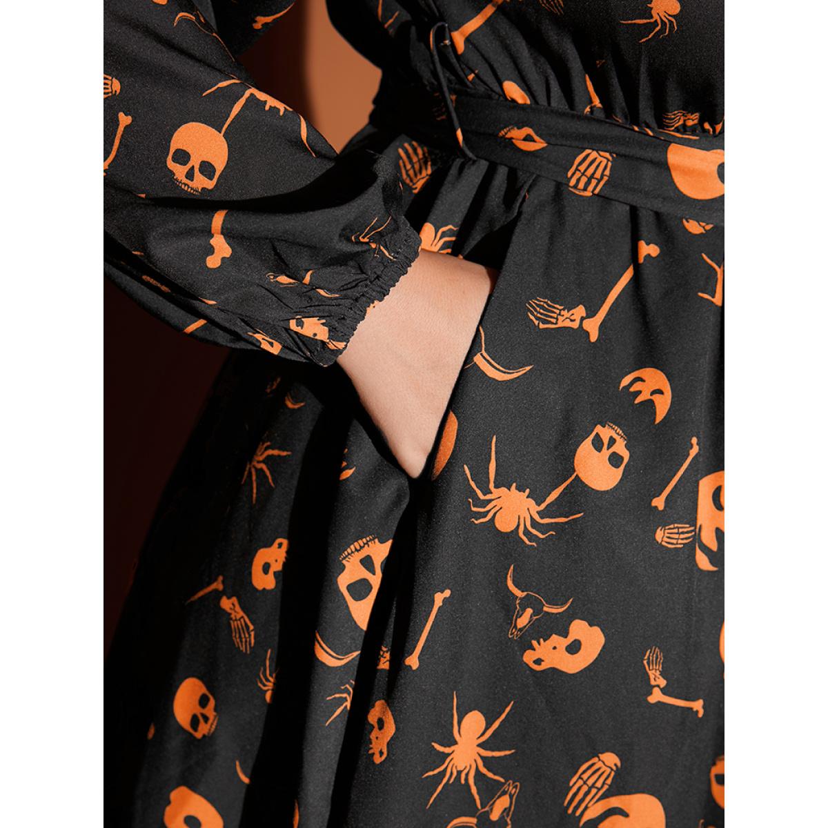 Plus Size Halloween Print Shirt Collar Pocket Button Up Belted Flutter Dress Black Women Elegant Printed Shirt collar Long Sleeve Curvy Midi Dress BloomChic 30/6X Product Image