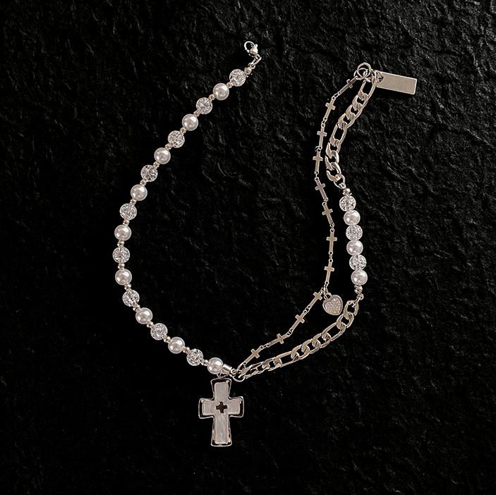 HALF PEARL HALF DOUBLE CHAIN CROSS NECKLACE Product Image