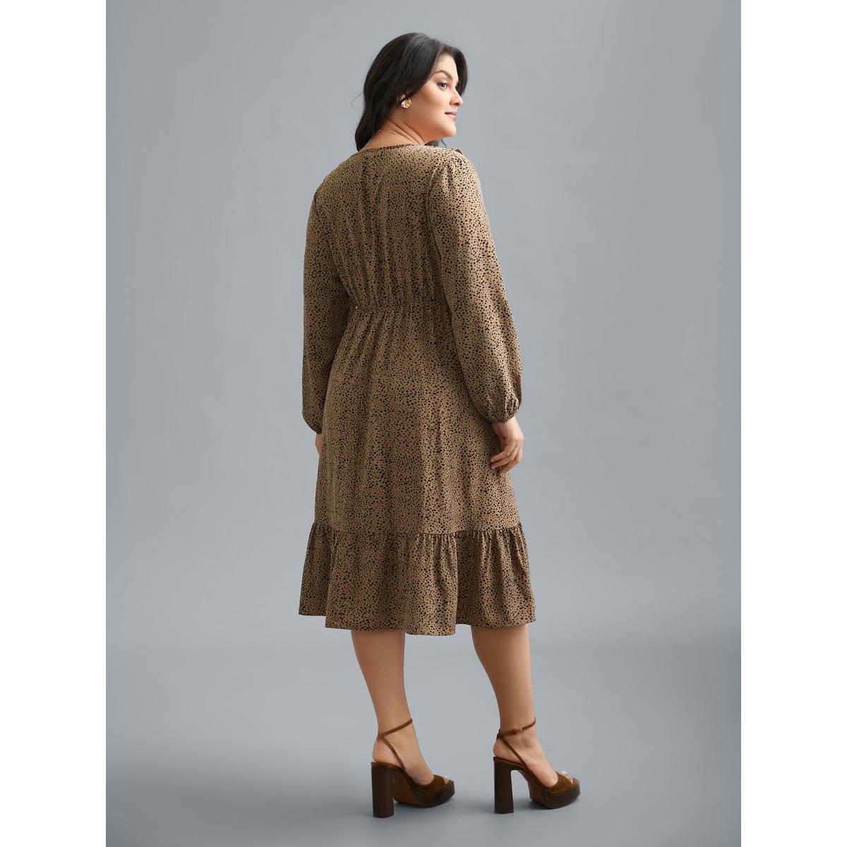 Plus Size Ruffled Neck Stretchy Waist Tiered Midi Dress Tan Women Elegant Tie knot Overlap Collar Long Sleeve Curvy BloomChic 22-24/3X Product Image