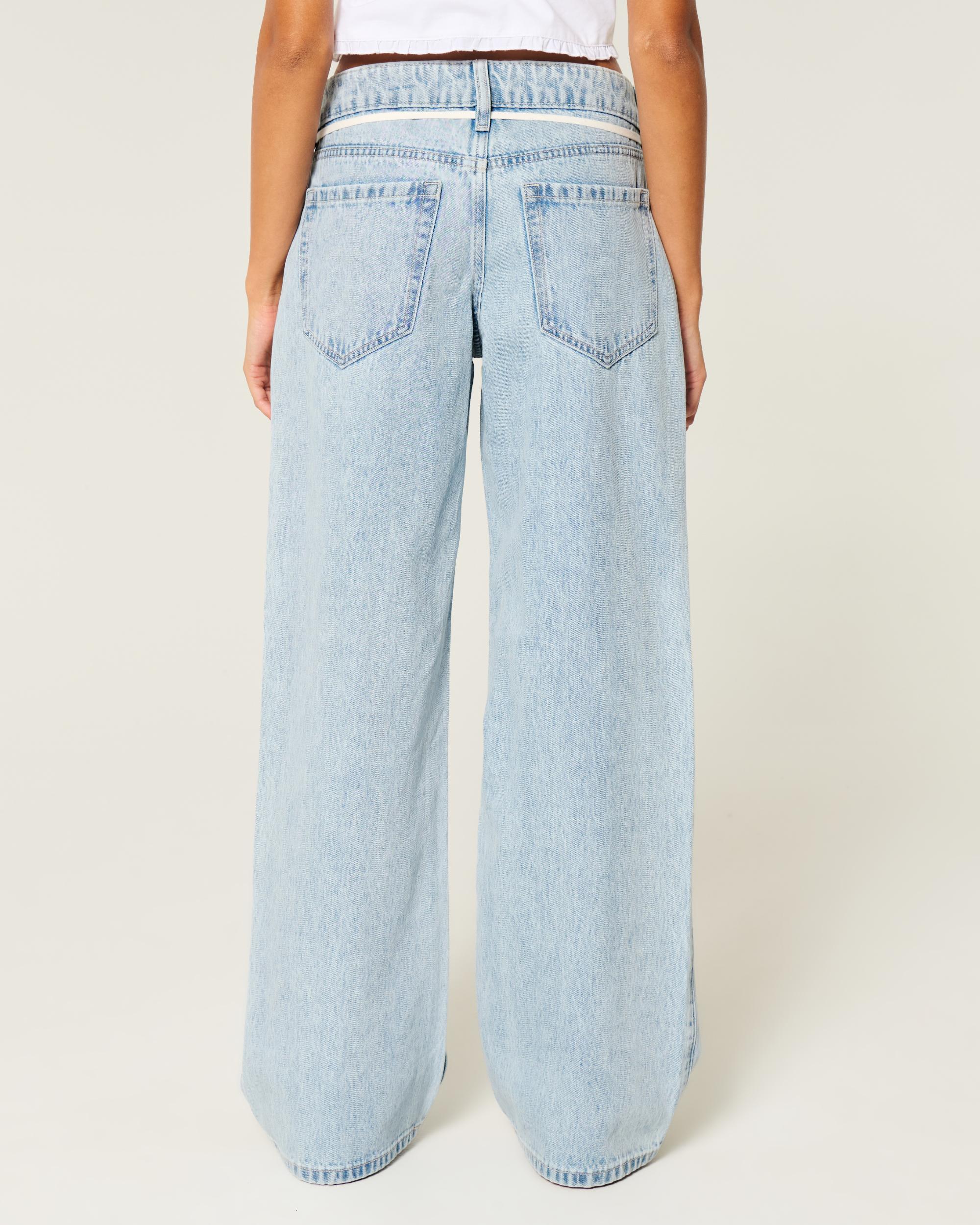 Low-Rise Light Wash Tie-Waist Baggy Jeans Product Image