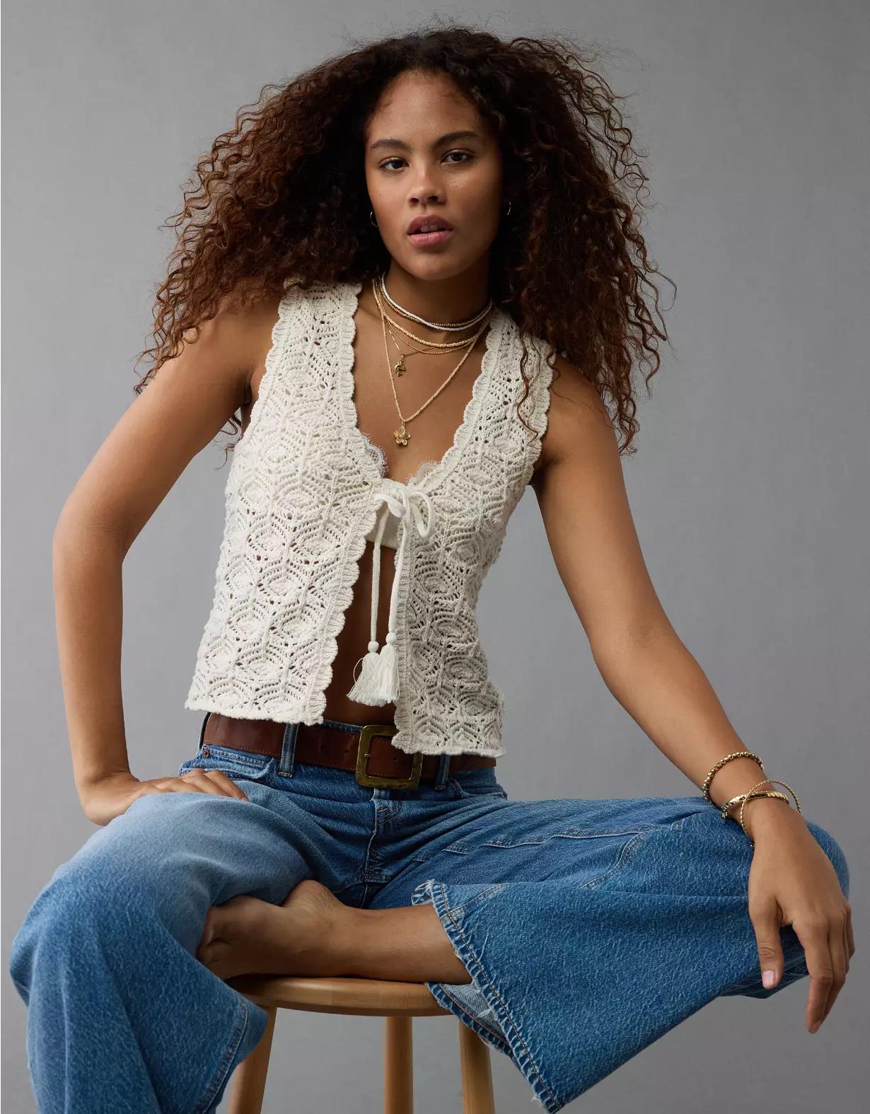 AE Tie Front Crochet Vest Product Image
