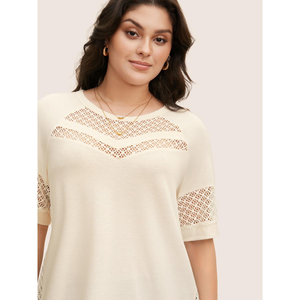 Plus Size Solid Hollow Out Raglan Sleeve T-shirt Beige Women Casual Patchwork Round Neck Everyday T-shirts BloomChic 30/6X Product Image