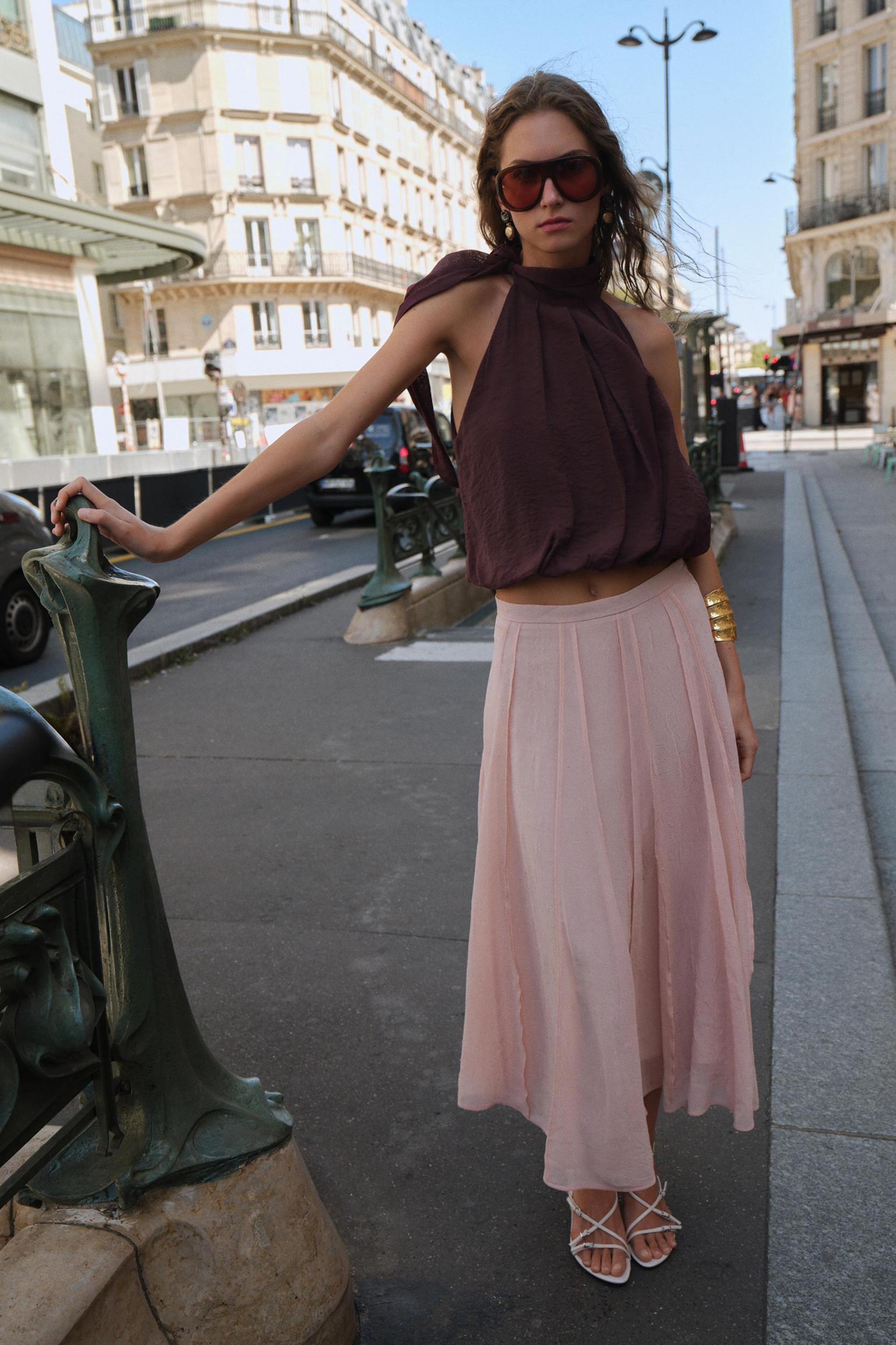 SEMI-SHEER TOPSTITCHED MIDI SKIRT Product Image