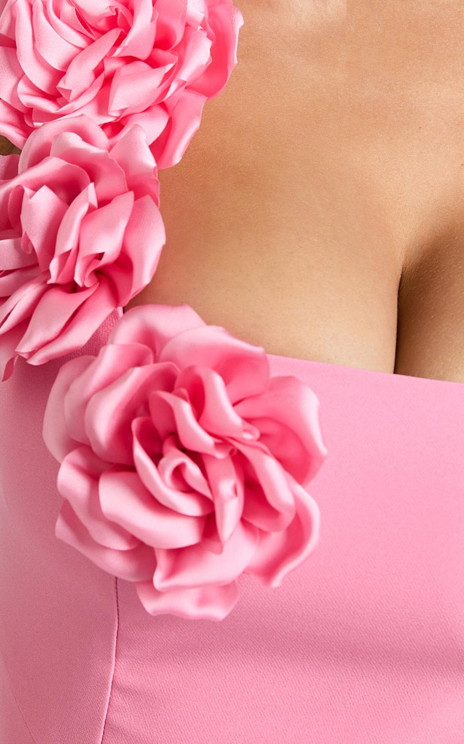 Emmy Mini Dress - Rosette Detail Fitted Dress in Bubblegum Pink Product Image