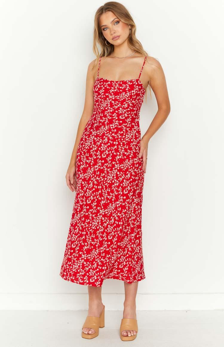 Delphine Red Floral Midi Dress Product Image