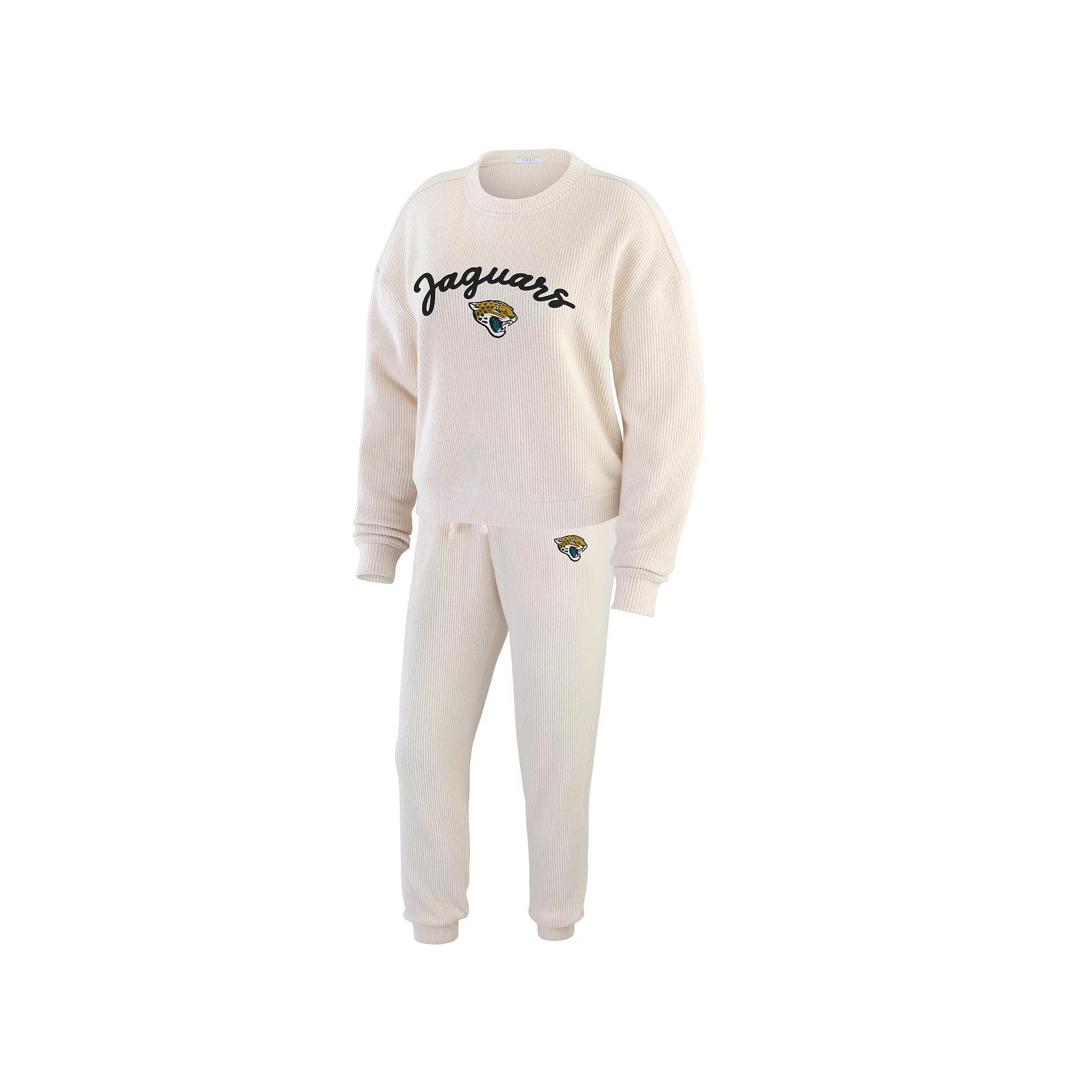 Women's WEAR by Erin Andrews  Oatmeal Jacksonville Jaguars Rib-Knit Long Sleeve T-Shirt & Pants Lounge Set, Size: 2XL, Team Product Image