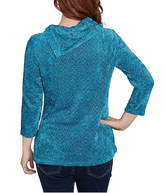 Ruby Rd. Sequin Chenille Knit Cowl Asymmetrical Neck 3/4 Sleeve Sweater Product Image