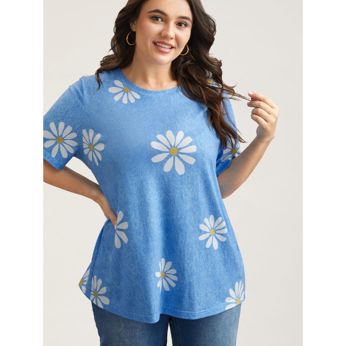 Plus Size Stretchy Floral Print Round Neck T-shirt LightBlue Women Playful Non Natural Flowers Round Neck Casual T-shirts BloomChic 10/M Product Image