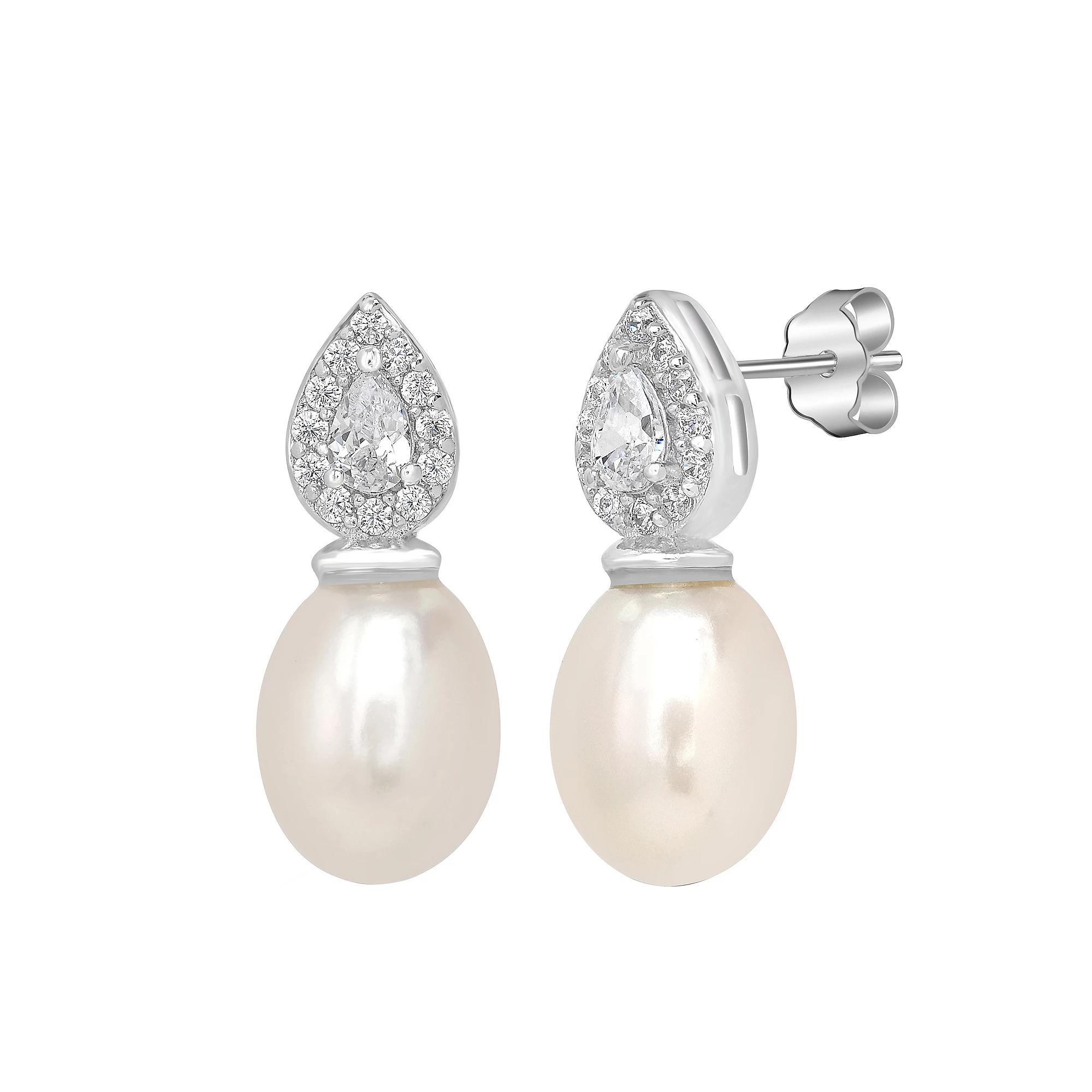 Gemistry Sterling Silver Freshwater Cultured Pearl & Square Cubic Zirconia Stud Earrings, Women's Product Image