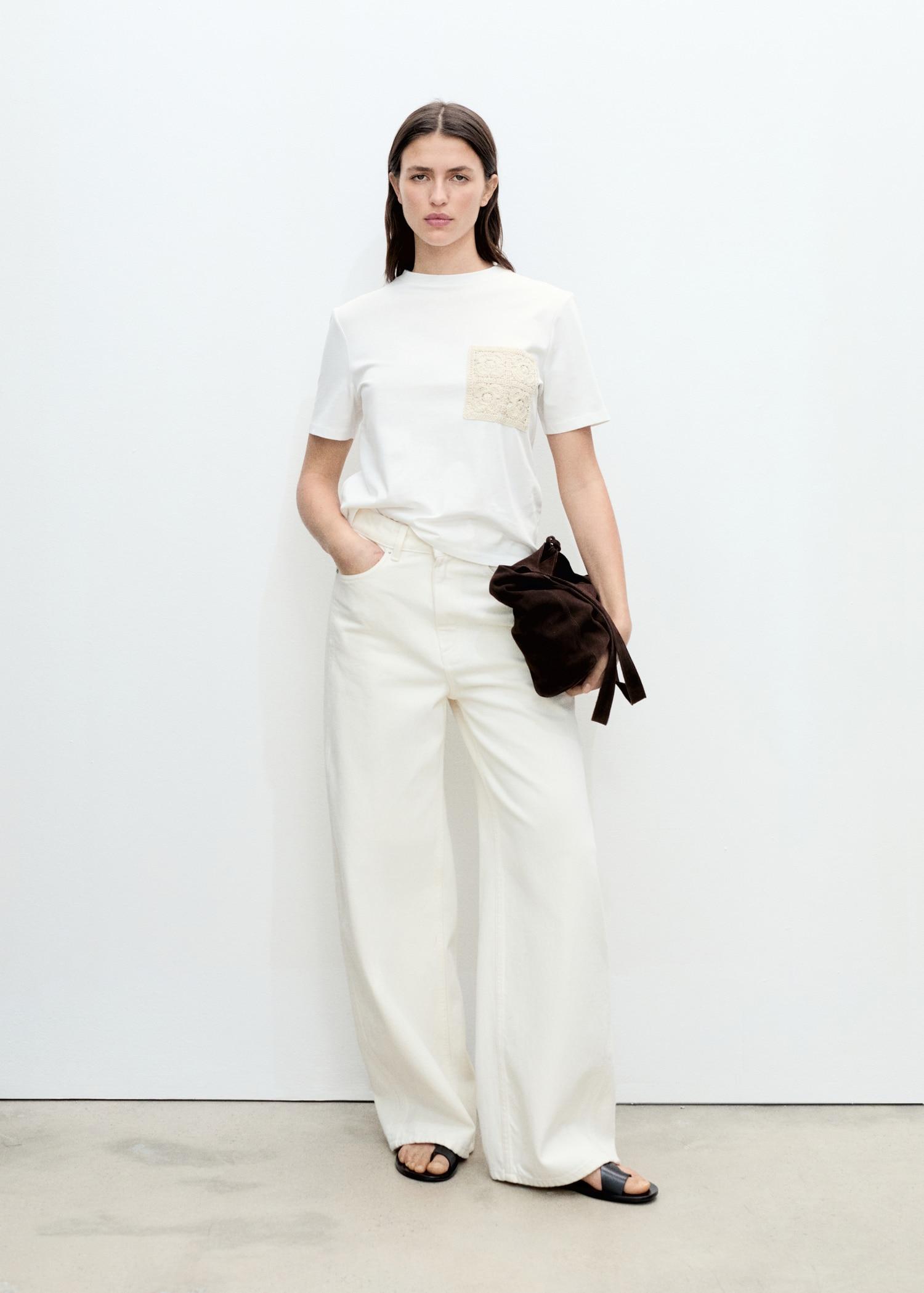 Short-sleeved t-shirt with crochet pocket - Women | MANGO USA Product Image