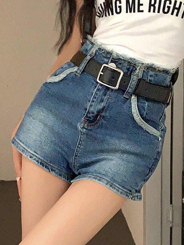 High Waist Frayed Denim Shorts Product Image