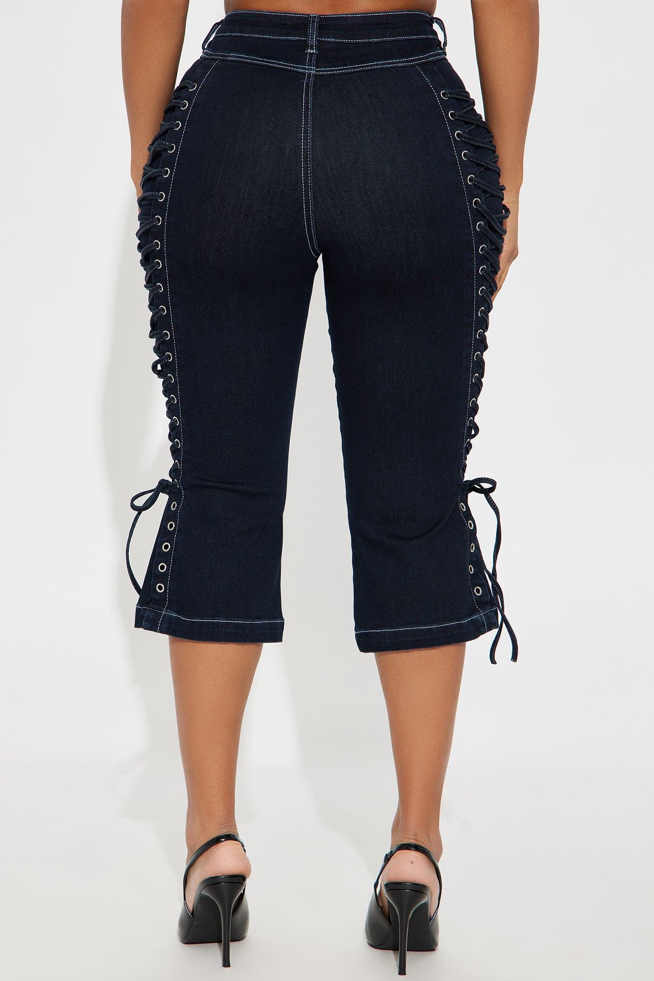 Laced Up Capri Kick Flare Jeans - Dark Wash Female Product Image
