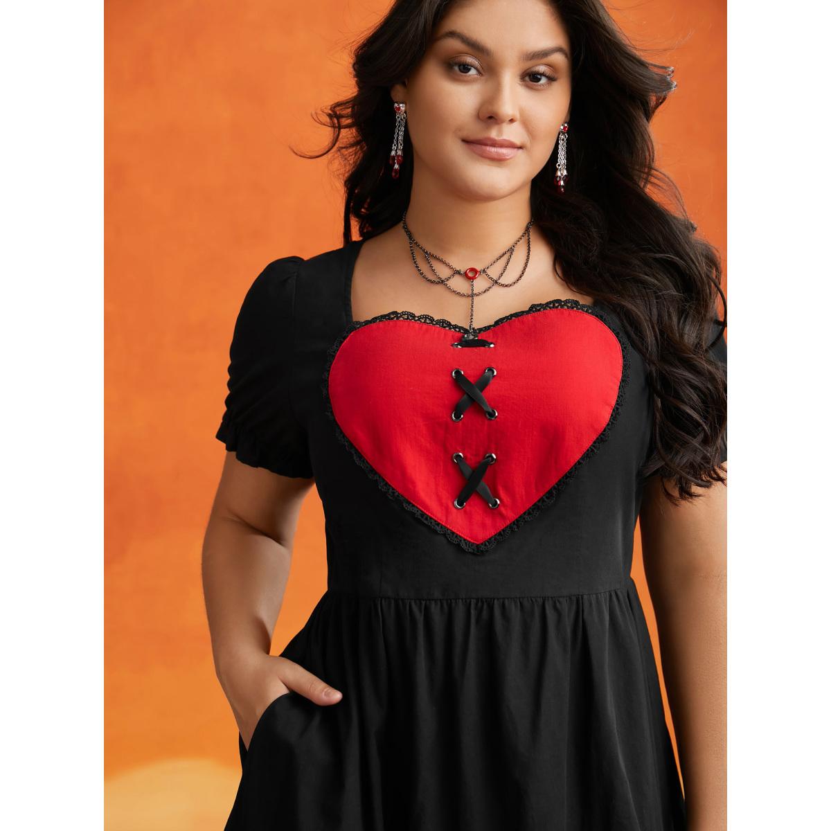 Plus Size Sweet Romance Heart Motif Midi Dress Black Women Cocktail Wraparound straps Party Curvy Bloomchic 12/L Product Image